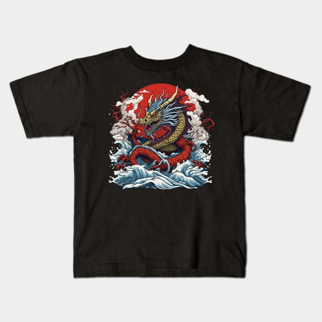 Dragon against the backdrop of a setting sun bathed in ocean waves Kids T-Shirt by T-Shirt Paradise